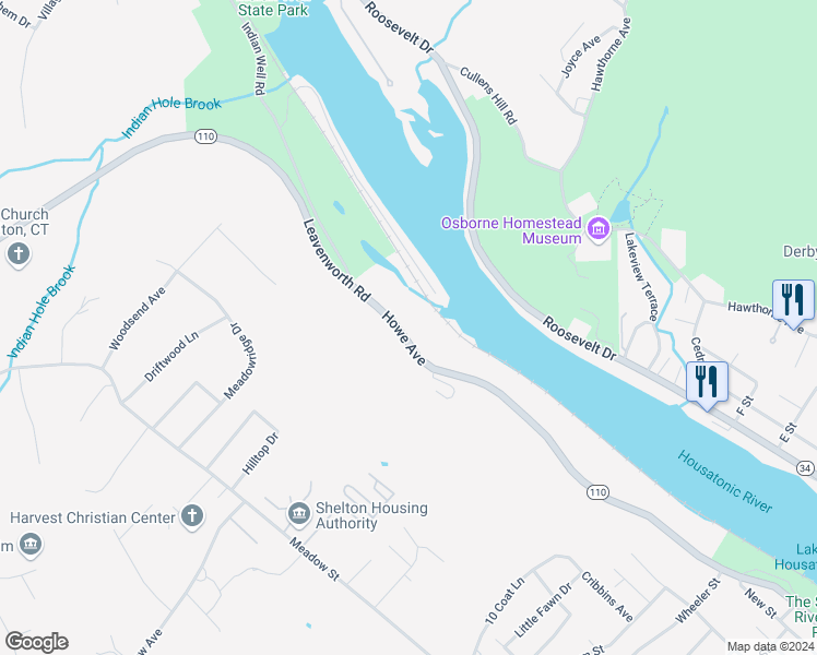 map of restaurants, bars, coffee shops, grocery stores, and more near 11 Leavenworth Road in Shelton