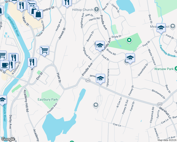 map of restaurants, bars, coffee shops, grocery stores, and more near 107 Prindle Avenue in Ansonia