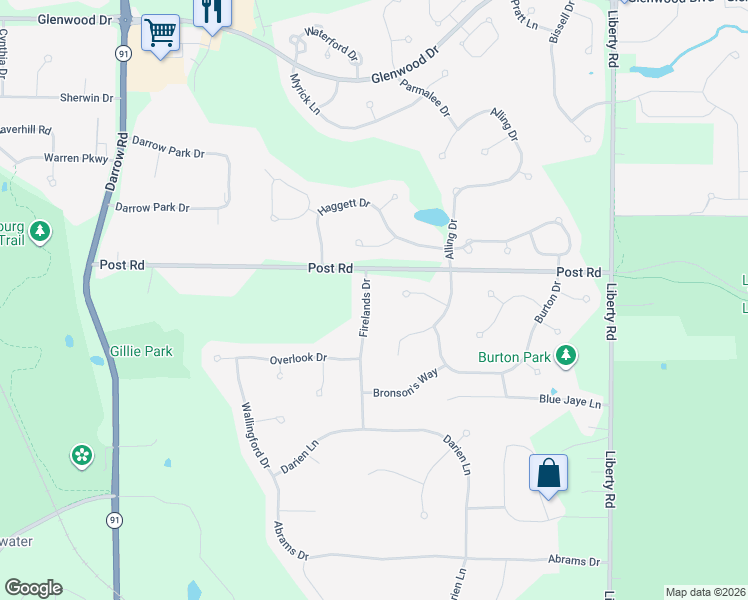 map of restaurants, bars, coffee shops, grocery stores, and more near 9767 Firelands Drive in Twinsburg