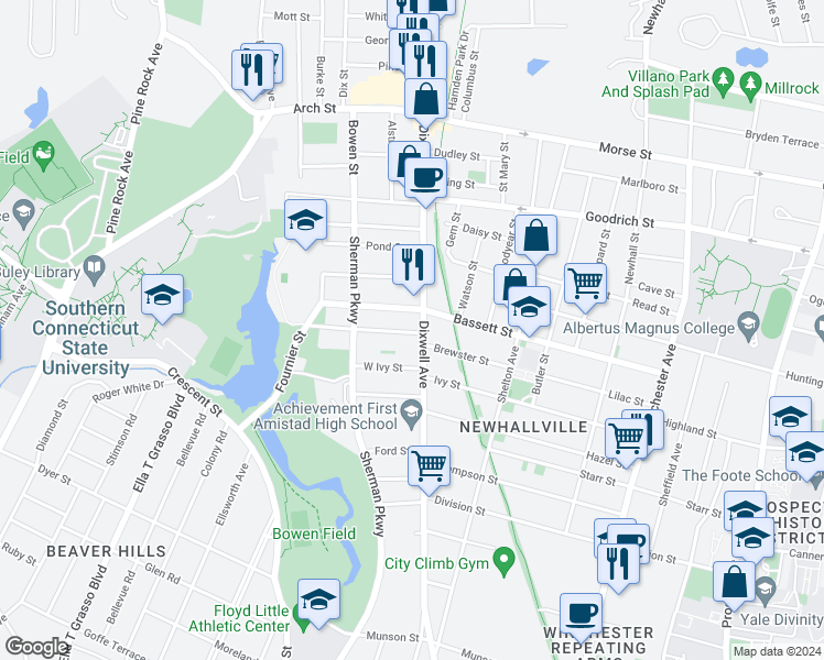map of restaurants, bars, coffee shops, grocery stores, and more near 260 Bassett Street in New Haven