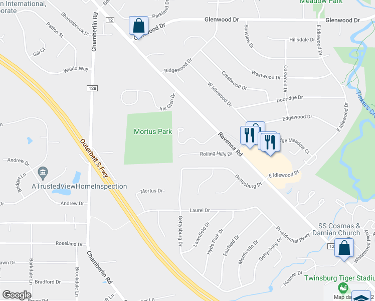 map of restaurants, bars, coffee shops, grocery stores, and more near 1724 Stone Creek Lane in Twinsburg