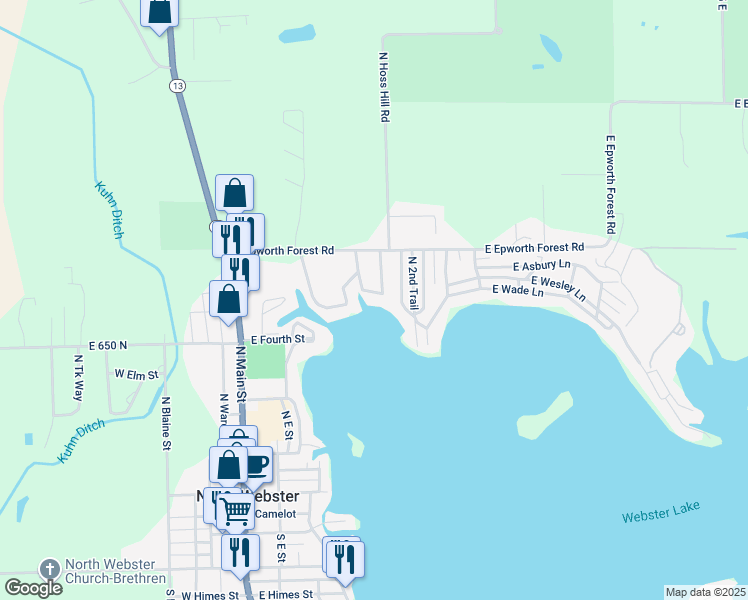 map of restaurants, bars, coffee shops, grocery stores, and more near 648-662 Center St E in North Webster