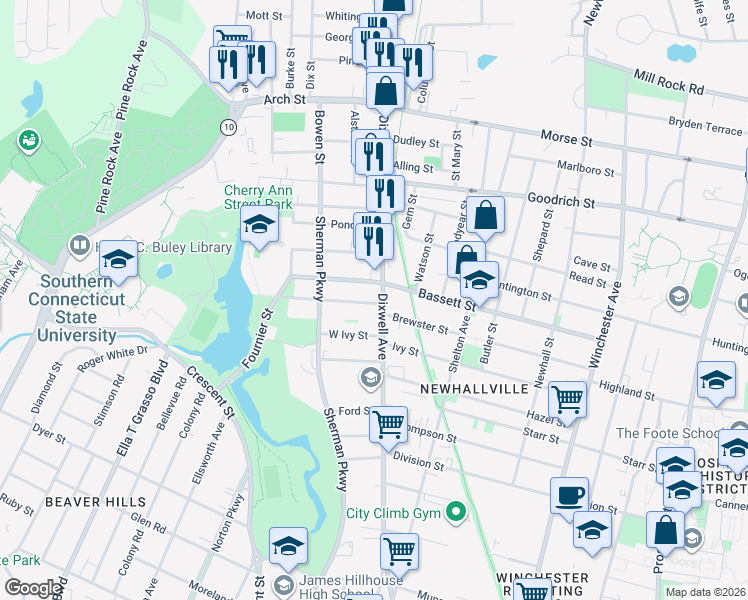 map of restaurants, bars, coffee shops, grocery stores, and more near 688 Dixwell Avenue in New Haven