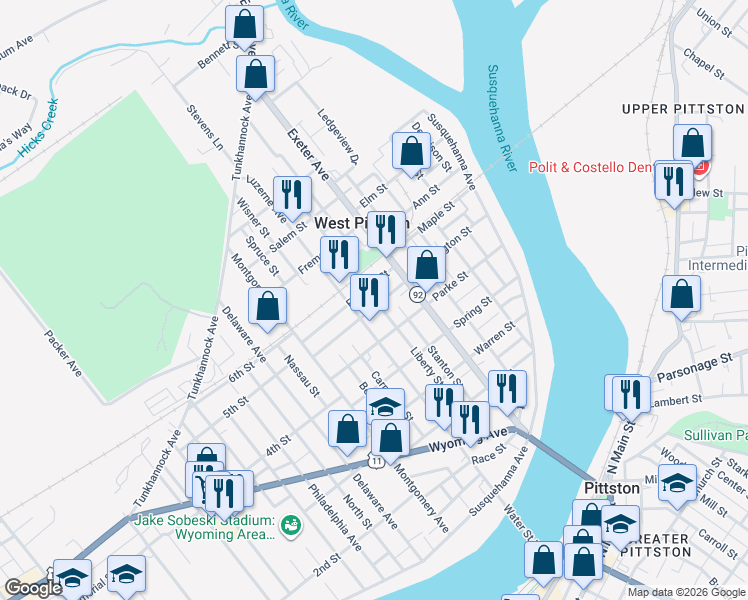 map of restaurants, bars, coffee shops, grocery stores, and more near 213 Franklin St in Luzerne