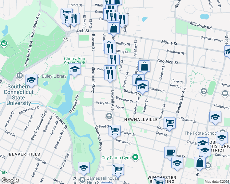 map of restaurants, bars, coffee shops, grocery stores, and more near 693 Dixwell Avenue in New Haven