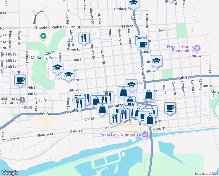 map of restaurants, bars, coffee shops, grocery stores, and more near 401 5th Street in LaSalle