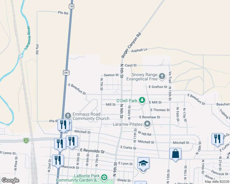 map of restaurants, bars, coffee shops, grocery stores, and more near 39 East Grafton Street in Laramie