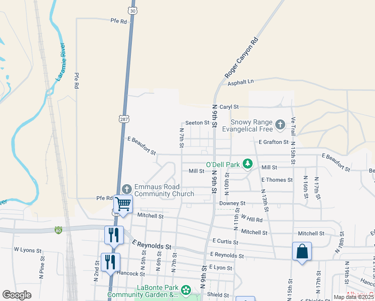 map of restaurants, bars, coffee shops, grocery stores, and more near 39 East Grafton Street in Laramie