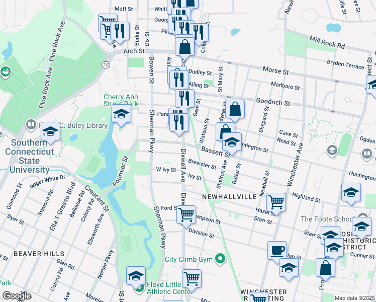 map of restaurants, bars, coffee shops, grocery stores, and more near in New Haven