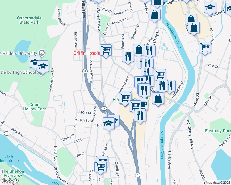 map of restaurants, bars, coffee shops, grocery stores, and more near 82 Atwater Avenue in Derby