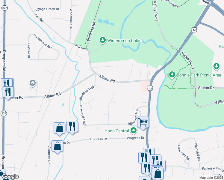 map of restaurants, bars, coffee shops, grocery stores, and more near 19479 Albion Road in Strongsville