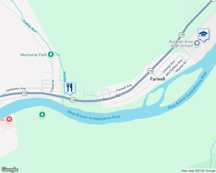 map of restaurants, bars, coffee shops, grocery stores, and more near 451 Farwell Avenue in Renovo