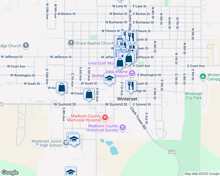 map of restaurants, bars, coffee shops, grocery stores, and more near 404 South 2nd Avenue in Winterset