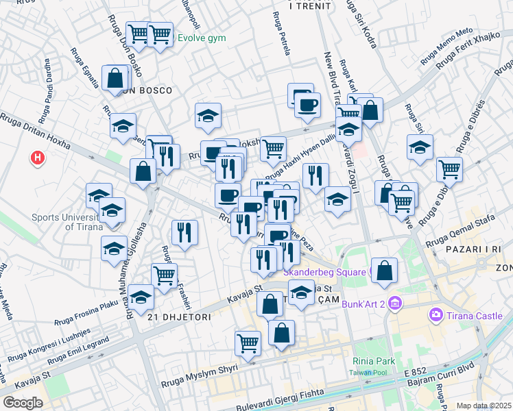 map of restaurants, bars, coffee shops, grocery stores, and more near Rruga Mine Peza in Tirana