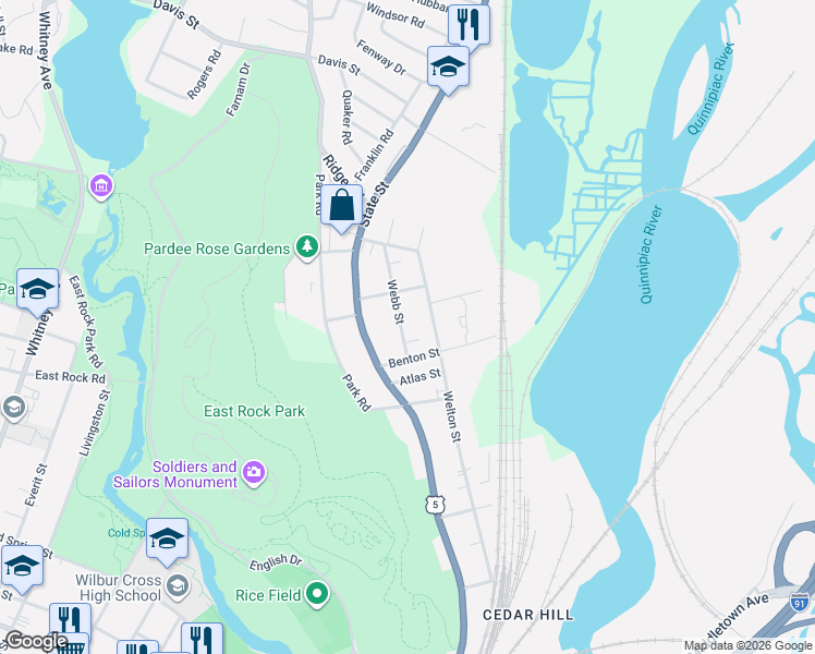 map of restaurants, bars, coffee shops, grocery stores, and more near 33 Webb Street in Hamden