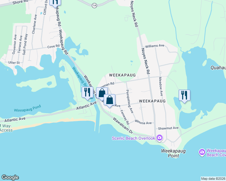 map of restaurants, bars, coffee shops, grocery stores, and more near 23 Chapman Road in Westerly