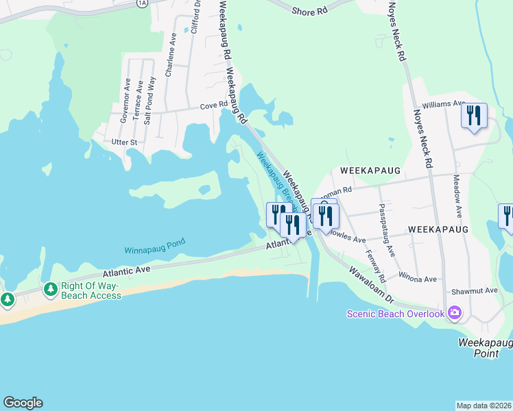 map of restaurants, bars, coffee shops, grocery stores, and more near 25 Breach Drive in Westerly