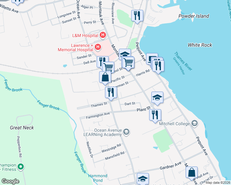 map of restaurants, bars, coffee shops, grocery stores, and more near 58 Sherman Street in New London