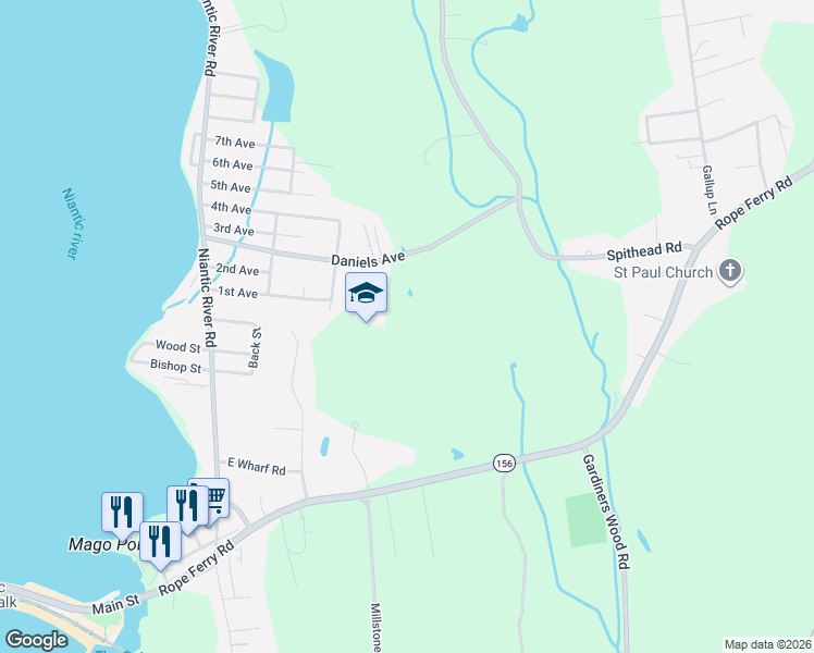 map of restaurants, bars, coffee shops, grocery stores, and more near 63 Daniels Avenue in Waterford