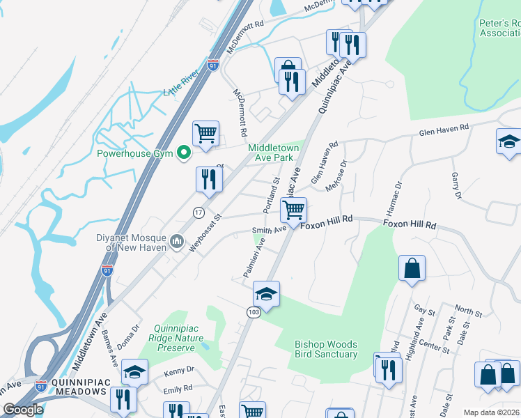 map of restaurants, bars, coffee shops, grocery stores, and more near 29 Pawtucket Street in New Haven