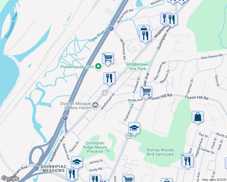map of restaurants, bars, coffee shops, grocery stores, and more near 250 Weybosset Street in New Haven