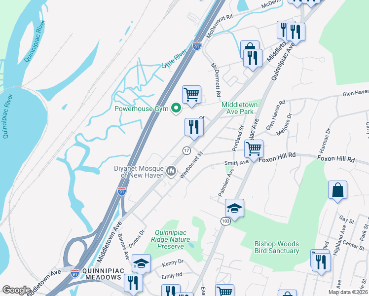 map of restaurants, bars, coffee shops, grocery stores, and more near 624 Middletown Avenue in New Haven