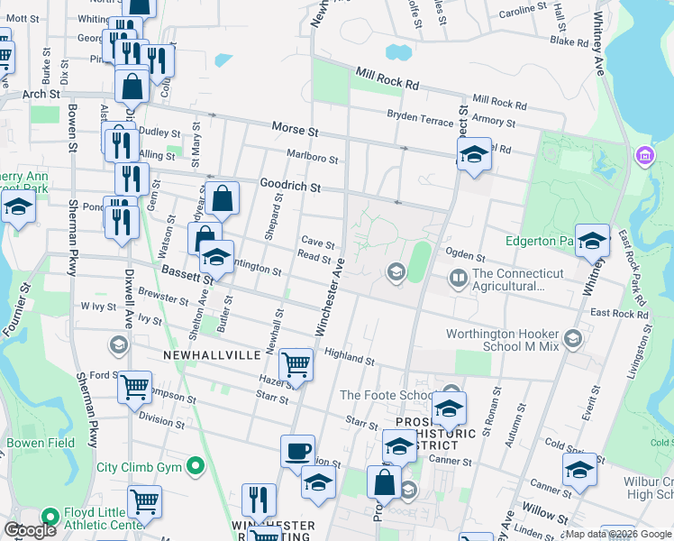 map of restaurants, bars, coffee shops, grocery stores, and more near 9 Read Street in New Haven