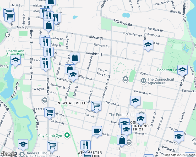 map of restaurants, bars, coffee shops, grocery stores, and more near 44 Read Street in New Haven
