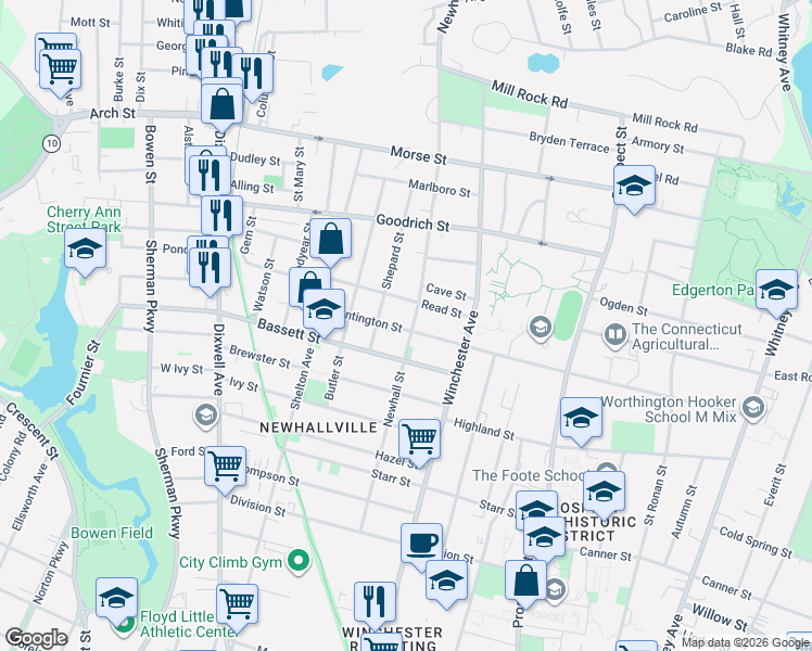 map of restaurants, bars, coffee shops, grocery stores, and more near 41 Shepard Street in New Haven