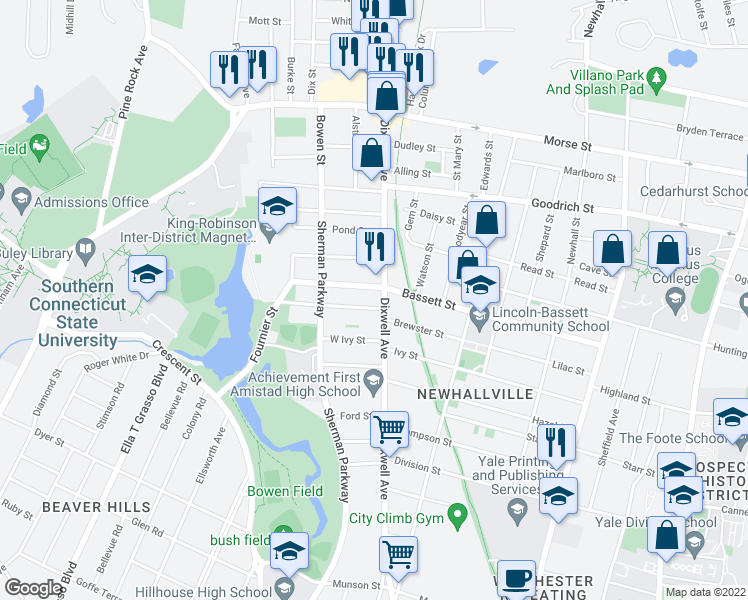 map of restaurants, bars, coffee shops, grocery stores, and more near 260 Bassett Street in New Haven