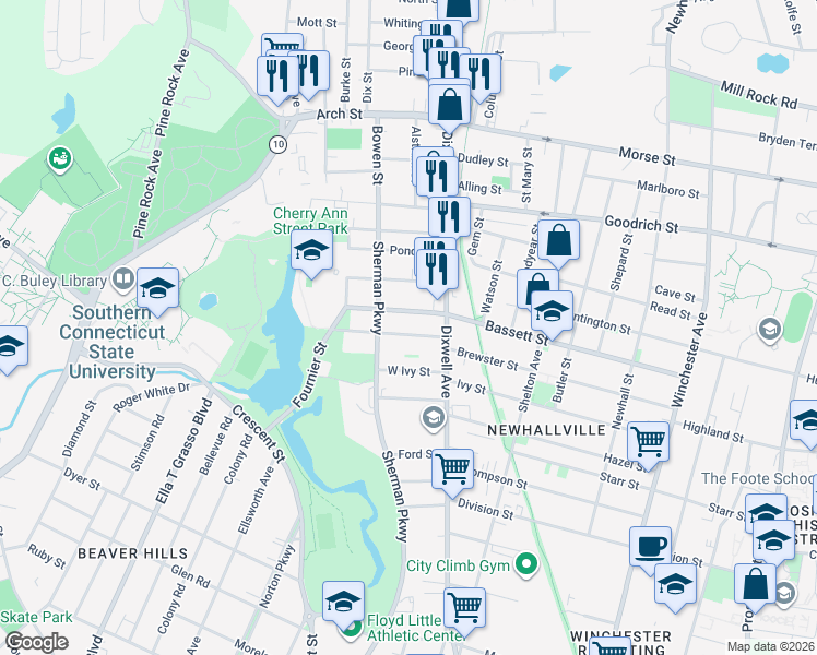 map of restaurants, bars, coffee shops, grocery stores, and more near 260 Bassett Street in New Haven