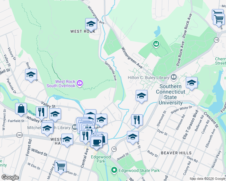 map of restaurants, bars, coffee shops, grocery stores, and more near 146 Springside Avenue in New Haven