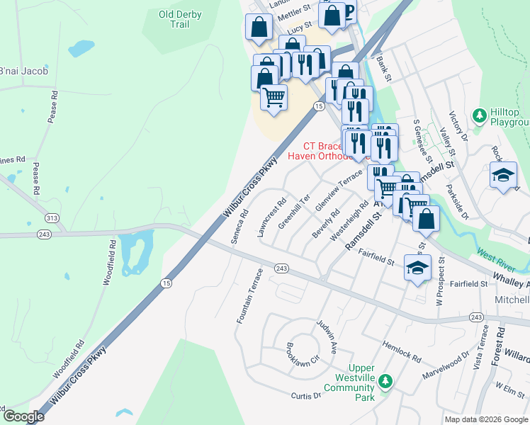 map of restaurants, bars, coffee shops, grocery stores, and more near 194 Lawncrest Road in New Haven