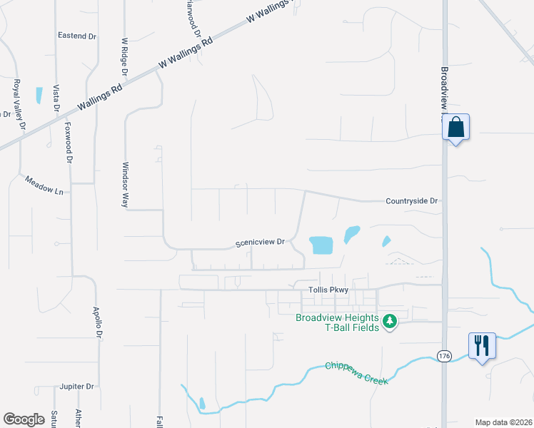 map of restaurants, bars, coffee shops, grocery stores, and more near 8577 Sunview Drive in Broadview Heights