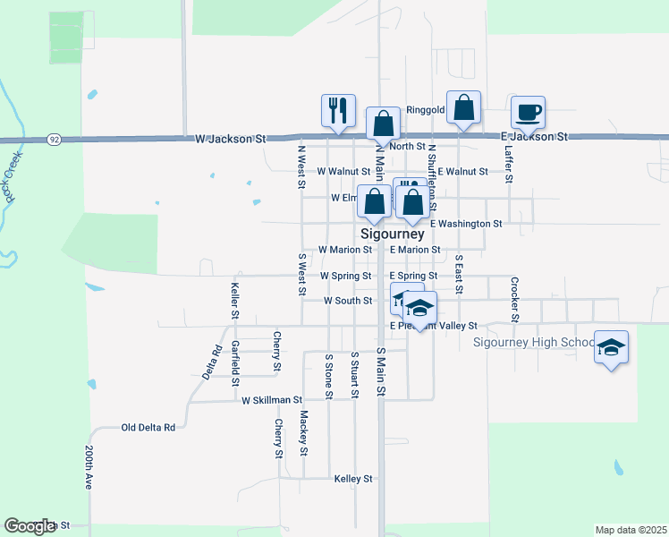 map of restaurants, bars, coffee shops, grocery stores, and more near 204 South Stone Street in Sigourney