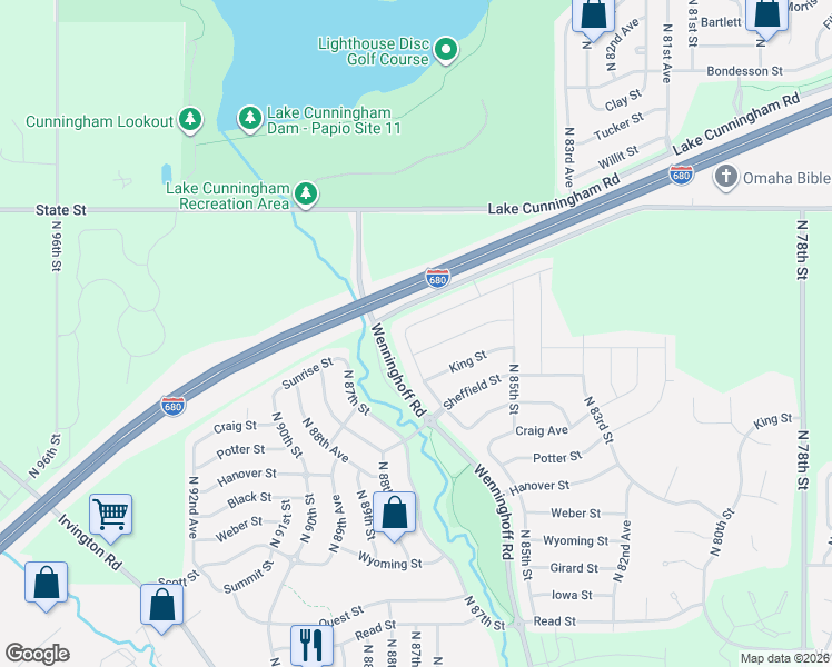 map of restaurants, bars, coffee shops, grocery stores, and more near 8546 King Street in Omaha
