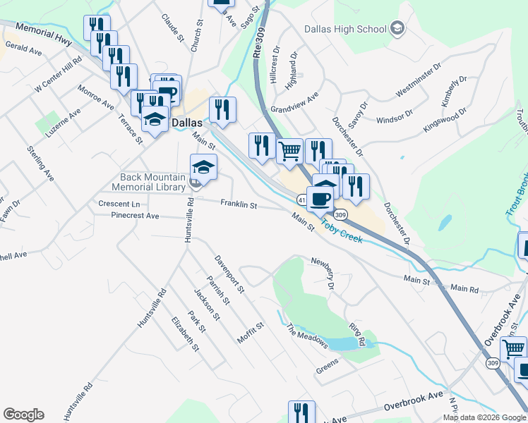 map of restaurants, bars, coffee shops, grocery stores, and more near 36 Franklin Street in Dallas