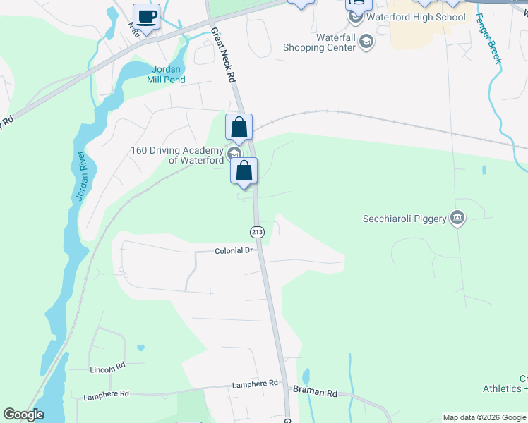map of restaurants, bars, coffee shops, grocery stores, and more near 4 Village Drive in Waterford
