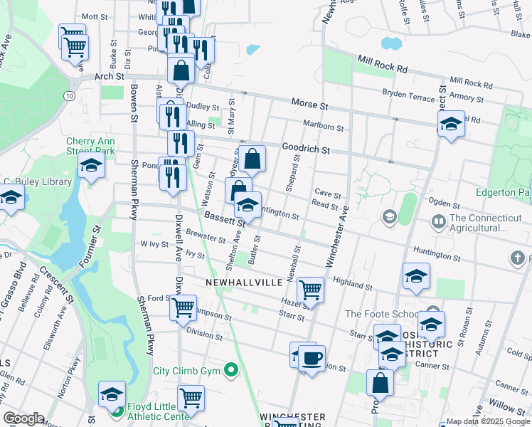 map of restaurants, bars, coffee shops, grocery stores, and more near 104 Butler Street in New Haven