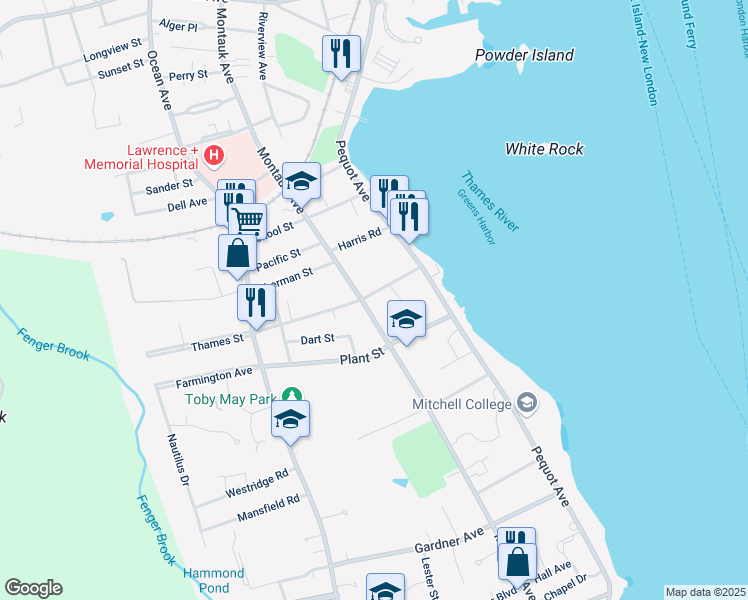 map of restaurants, bars, coffee shops, grocery stores, and more near 518 Montauk Avenue in New London
