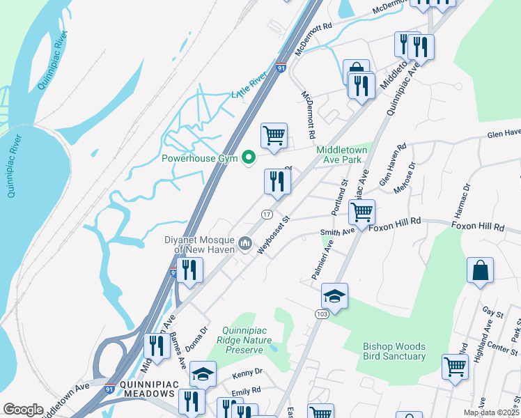 map of restaurants, bars, coffee shops, grocery stores, and more near 118 Gando Drive in New Haven