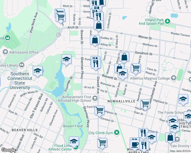 map of restaurants, bars, coffee shops, grocery stores, and more near 260 Bassett Street in New Haven