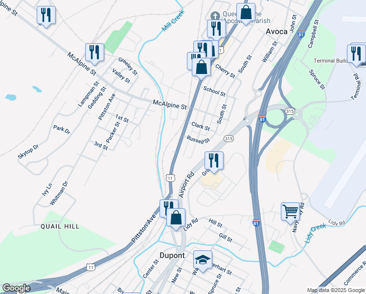 map of restaurants, bars, coffee shops, grocery stores, and more near 190-192 Main Street in Avoca