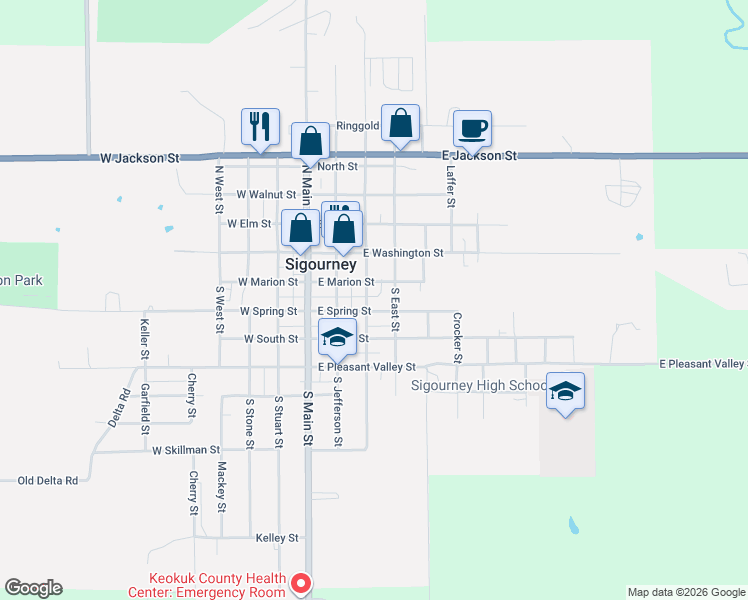 map of restaurants, bars, coffee shops, grocery stores, and more near 301-399 E Marion St in Sigourney