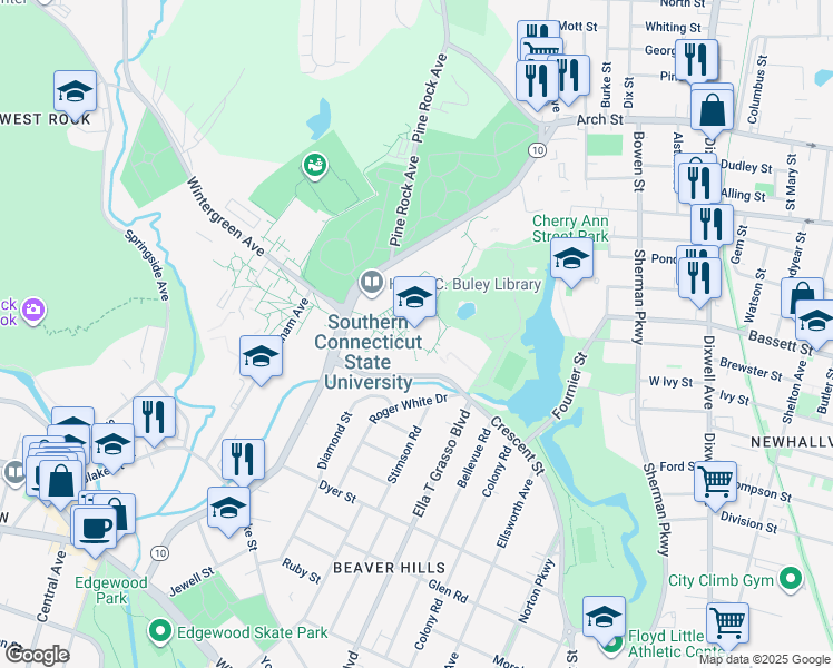 map of restaurants, bars, coffee shops, grocery stores, and more near 501 Crescent Street in New Haven