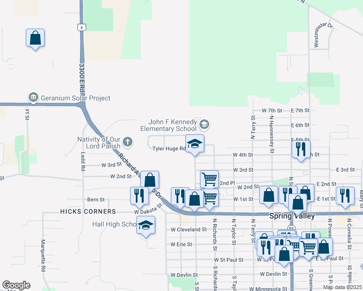 map of restaurants, bars, coffee shops, grocery stores, and more near 201 West 4th Street in Spring Valley
