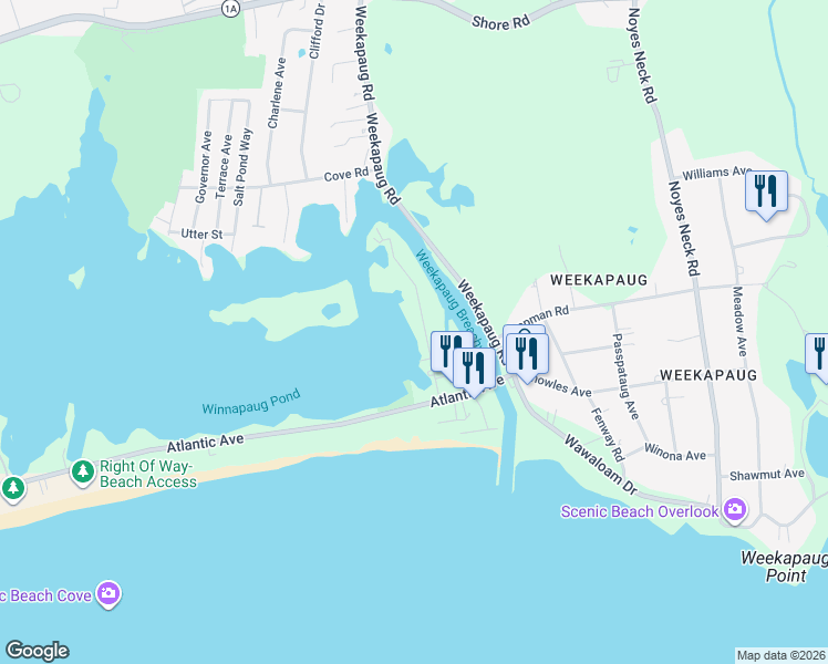 map of restaurants, bars, coffee shops, grocery stores, and more near 25 Breach Drive in Westerly
