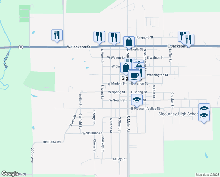 map of restaurants, bars, coffee shops, grocery stores, and more near 204 South Stone Street in Sigourney