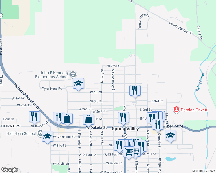 map of restaurants, bars, coffee shops, grocery stores, and more near 207 West 5th Street in Spring Valley