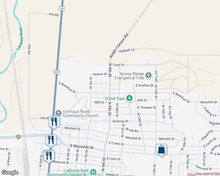 map of restaurants, bars, coffee shops, grocery stores, and more near 2362 North 9th Street in Laramie